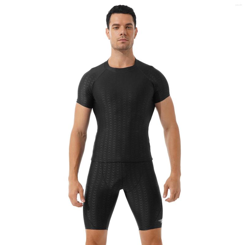 

Men's Tracksuits Men Solid Color Casual Sport Lingerie Sets Fish Scale Print Workout Fitness Costumes Short Sleeve T-shirt With Drawstring, Black