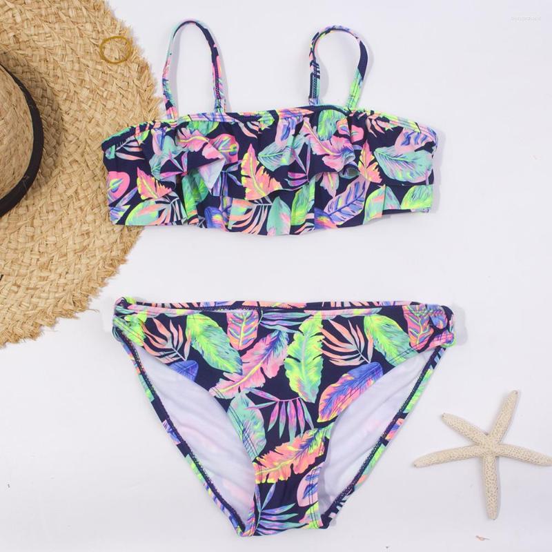 

Women's Swimwear 2023 Flower Print Girls Bikinis Falbala Two-Pieces Bathing Suit Summer Ruffle Kids Girl Swimsuit Bandage Biquini A211