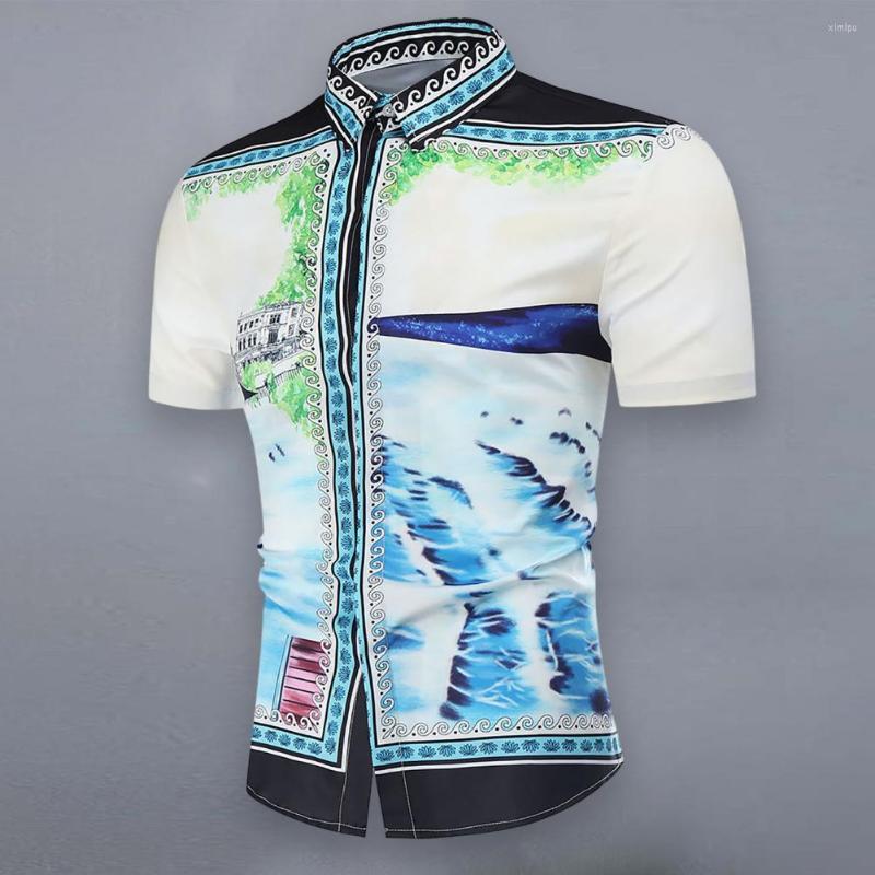 

Men's Casual Shirts Men Shirt 3D Print Short Sleeve Turndown Collar Summer Courtly Style Slim Fit Button Top Clothing Streetwear, White