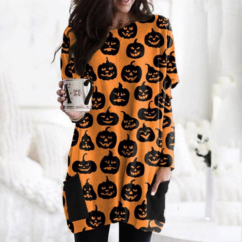 

Casual Dresses 2023 Autumn And Winter Halloween Cartoon Pumpkin Long-Sleeved Dress Ladies Elegant Fashion Printed Pocket 2XL