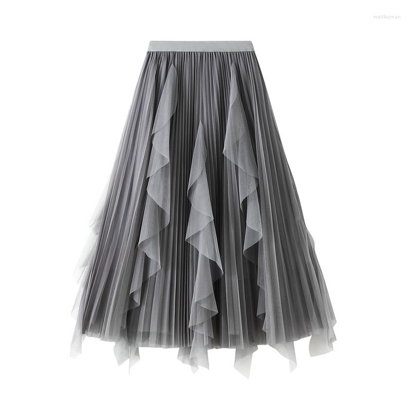 

Skirts Autumn And Winter High Waist Sweet Elegant Pleated Chiffon Ruffle Splicing Gauze Cake Skirt Medium Long, White