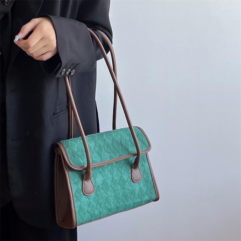 

Evening Bags Retro Green PU Leather Women Shoulder Winter Diamond Lattice Plush Design Korean Satchels Handbags