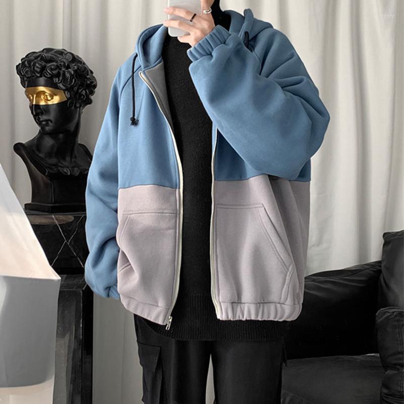 

Men's Hoodies Fashion Men Autumn Winter Casual Fleece Sweatshirt Loose Patchwork Tracksuit Male Hooded Joggers Coats, Gray blue 1052