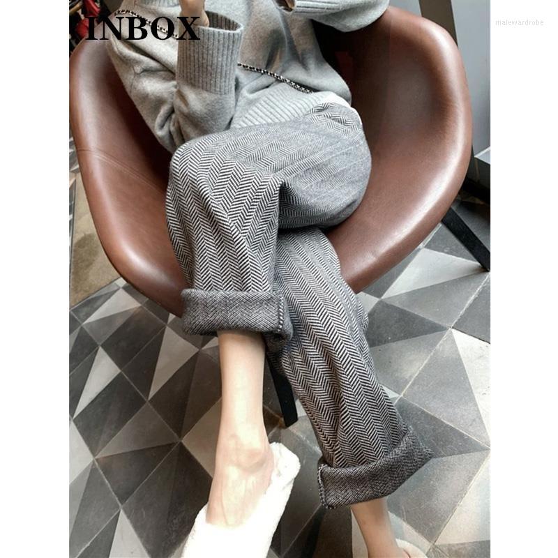 

Women's Pants INBOX Korean High Waist Striped Women Casual Loose Trousers Lady Fashion Office Harem Ladies Tweed Clothes Female, Gray