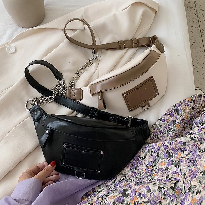 

Waist Bags Spring Woman Khaki Black Color Wide Single Strap Zipper Half Moon PU Leather Chest Bag All Match