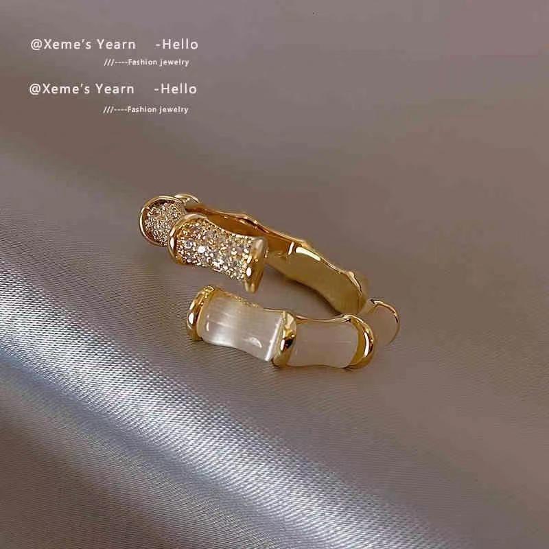 

Design Opals Bamboo Shape Gold Adjustable Open Rings Korean Fashion Jewelry Party Luxury Accessory for Woman Girls Gift