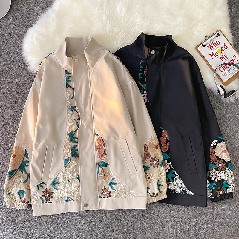 

Outerwear Jacket Women Embroidered Buds Splice Casual Zipper Long Sleeve Plus Size Stand Collar Coat Vintage Bomber, Beige