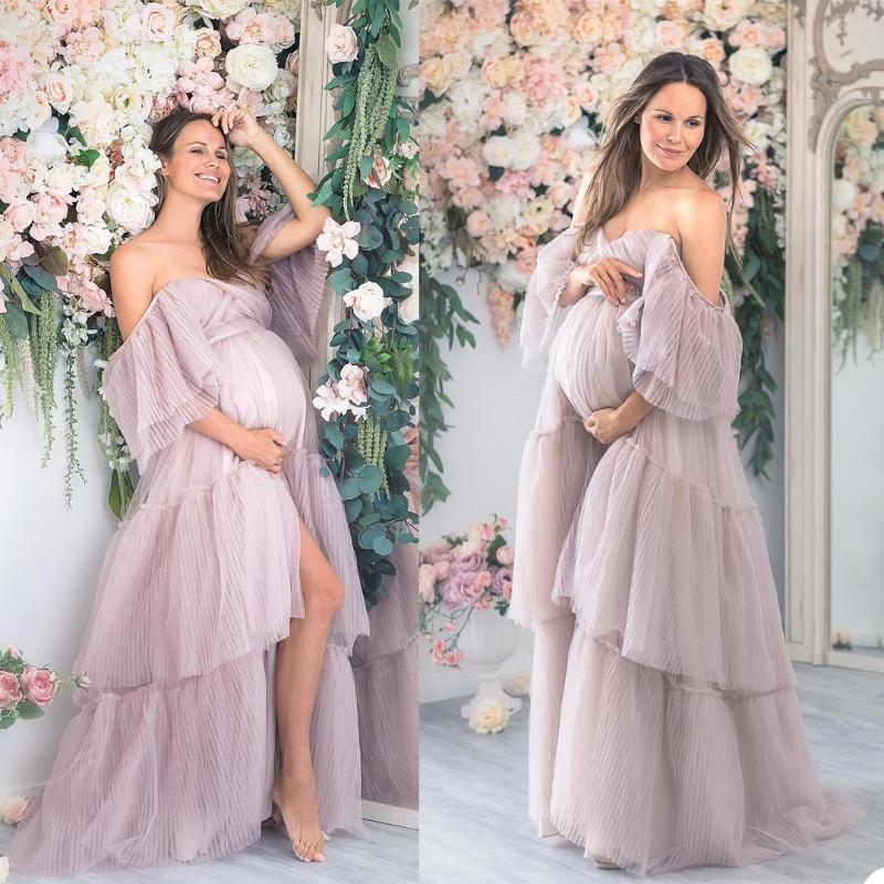 

Women's Sleepwear Luxury Customised Ruffles Maternity Dresses Off Shoulder Tulle Gown For Poshoot Elegant Lingerie Robe Bathrobe Nightwear, Red