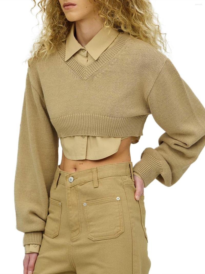 

Women' Sweaters Women Cropped Sweater Long Lantern Sleeve V-Neck Solid Color Knitting Ribbed Basic Bottoming Crop Tops