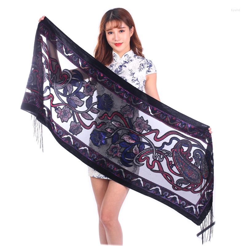 

Scarves 2023 Burnout Velvet Poncho Winter Soft Blue-Pink Cashew Floral Scarf Hijabs Gift For Ladys Wedding Accessory