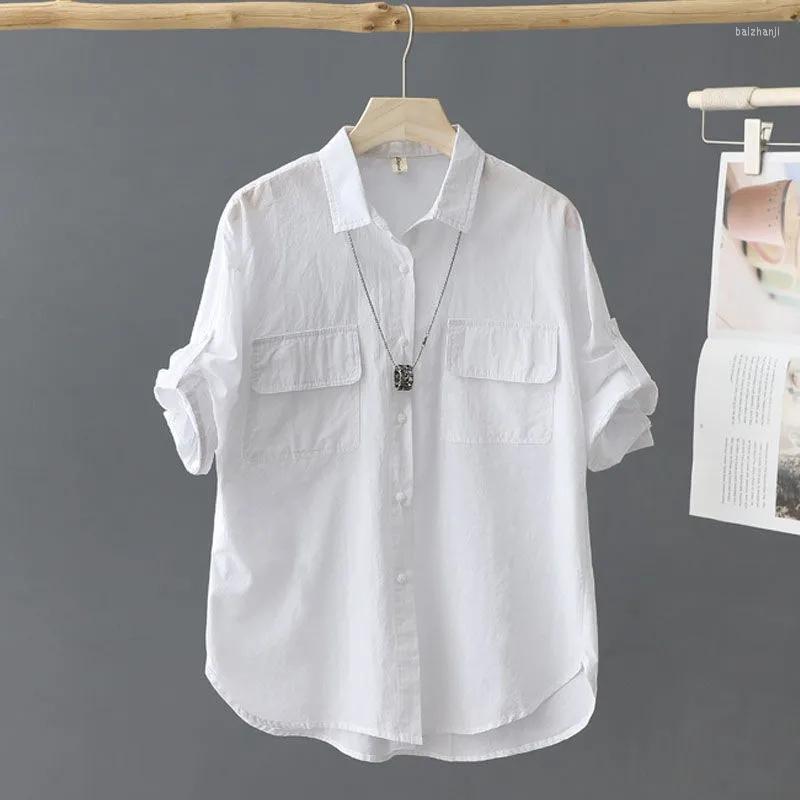 

Women's Blouses 95% Cotton Short-sleeve Shirt Women's 2023 Summer Tops Pockets Office Korean Loose Top Casual Green White Shirts Blusas