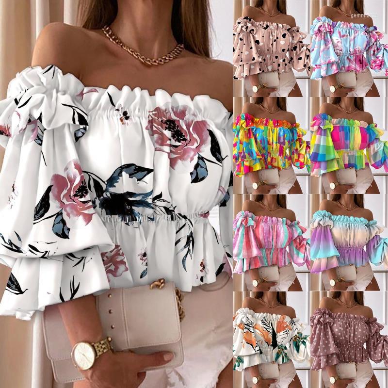 

Women' T Shirts STYLISH LADY Floral Printed Shirt 2023 Autumn Women Half Sleeve Off The Shoulder Slash Neck Ruffle Club Party Tops Tees