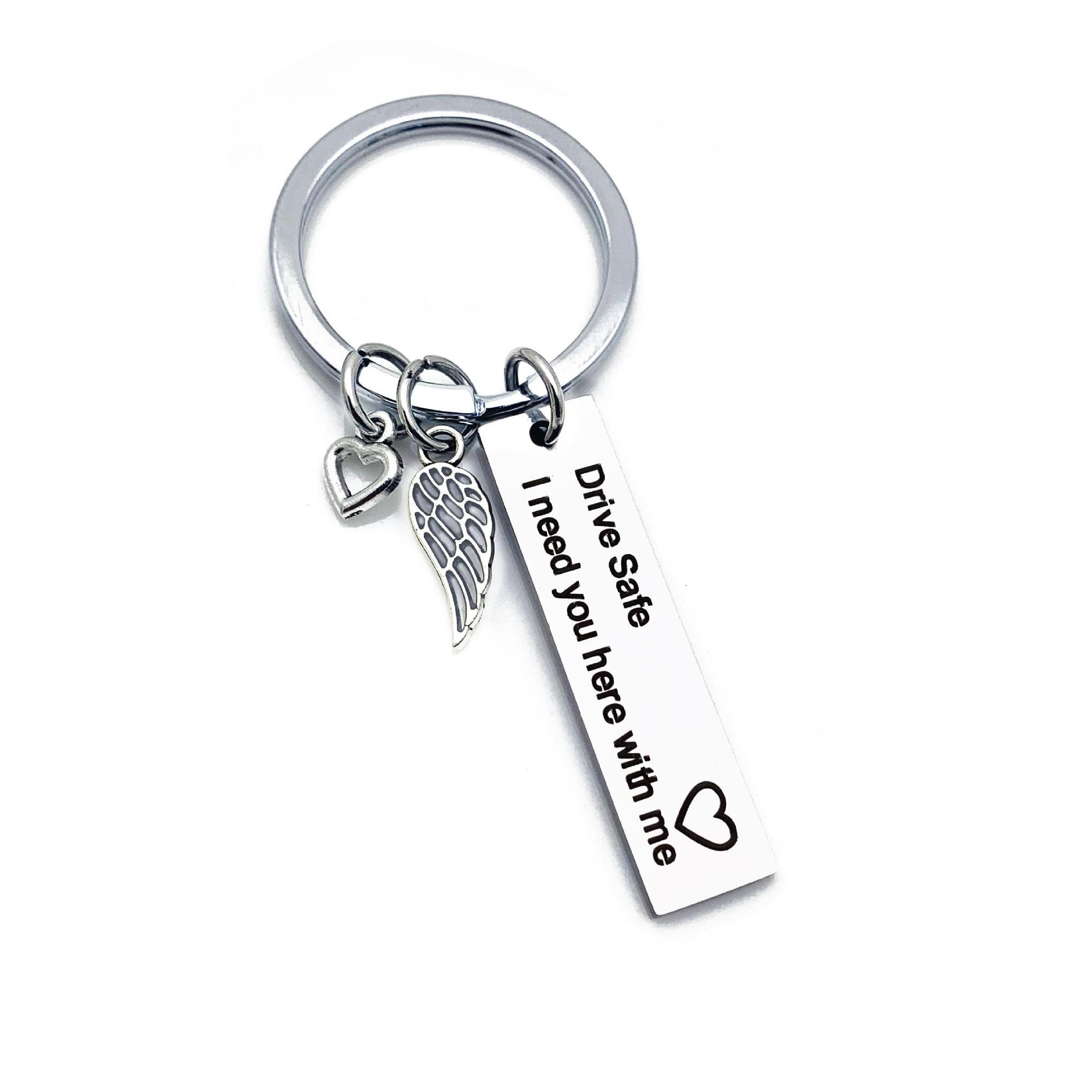 

Key Rings Engraved Keychain Stainless Steel Ring Never Drive Faster Than Your Angel Can Fly Stamped Chains Jewelry Drop Delivery Otdhm