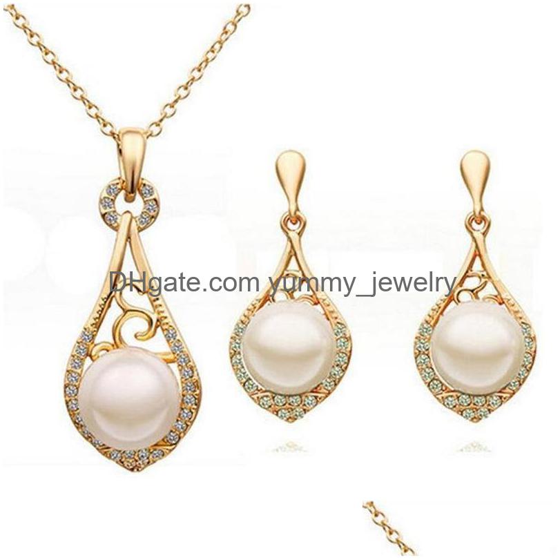 

Earrings Necklace Pearl Sets Hollow And Elegant Jewelry Set Gold Wedding Crystal Rhinestone G100 Drop Delivery Dh1A8, As picture