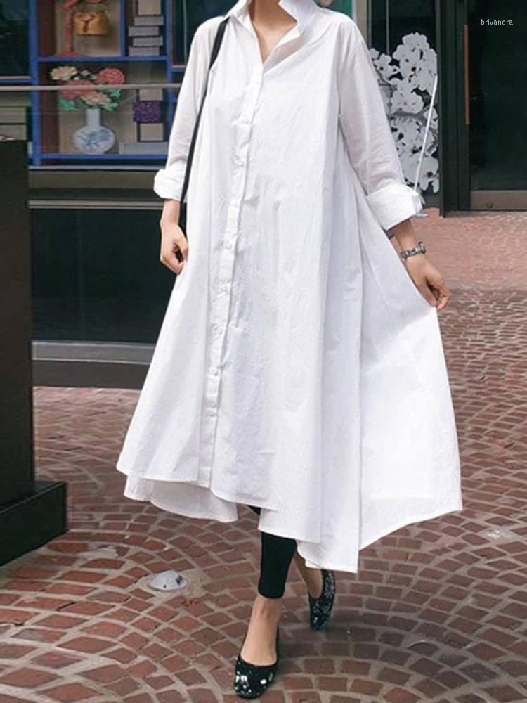 

Casual Dresses VONDA Autumn Elegant Party Dress 2023 Fashion Women Asymmetrical Midi Vestidos Lapel Collar Loose Sundress Robe Femme, Black