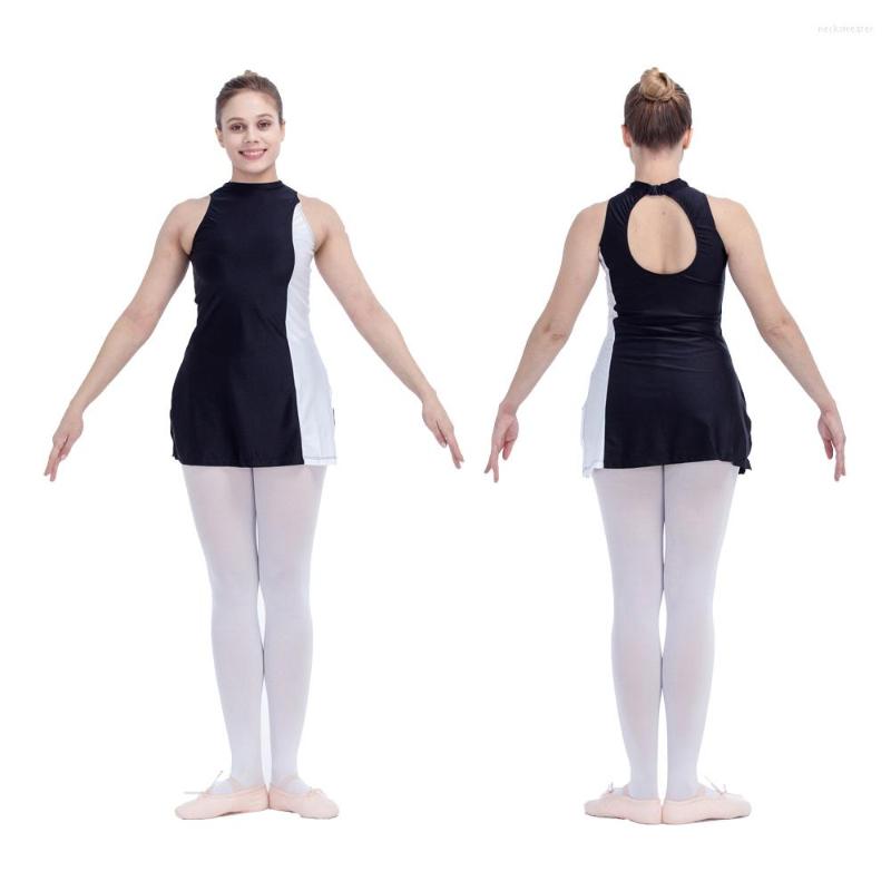 

Stage Wear Adult Girls Two Pieces Outfit Black And White Turtle Neck Sleeveless Dance Dress With Boys Cut Shorts