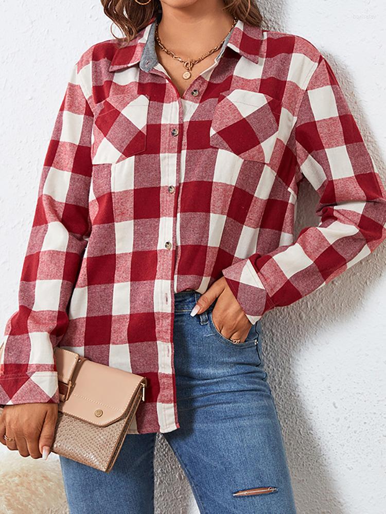 

Women' Blouses Plaid Shirt Women Blouse Thick Female Polo Collar Long Sleeve Top Ladies Single Breasted Casual Shirts Winter Chemise Femme, Green