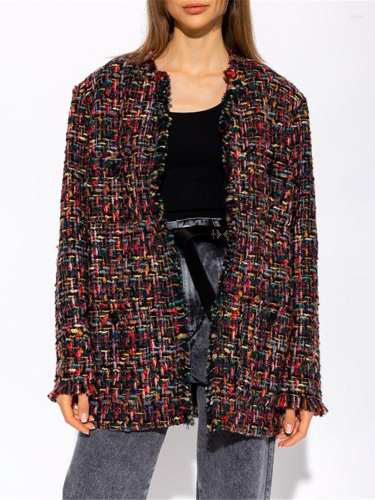 

Women' Jackets Women' Jacket Woven Tweed Round Neck Loose Fit Cardigan Coat Tassels Gingham Vintage Spring 2023