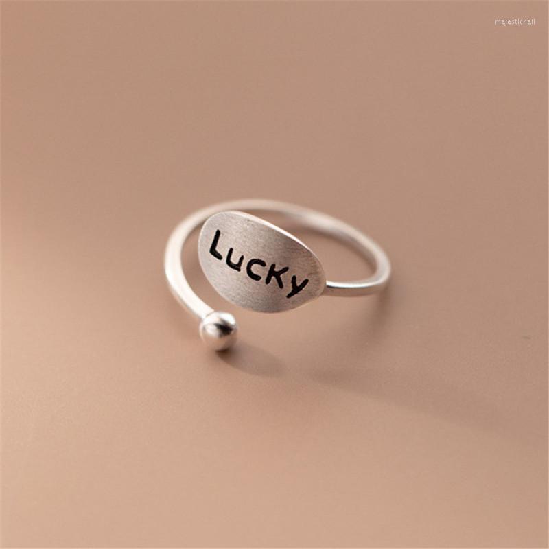 

Cluster Rings Real 925 Sterling Silver Opening Adjustable Finger Ring Geometric For Teen Girl Oval Letter Lucky Women Fine Jewelry