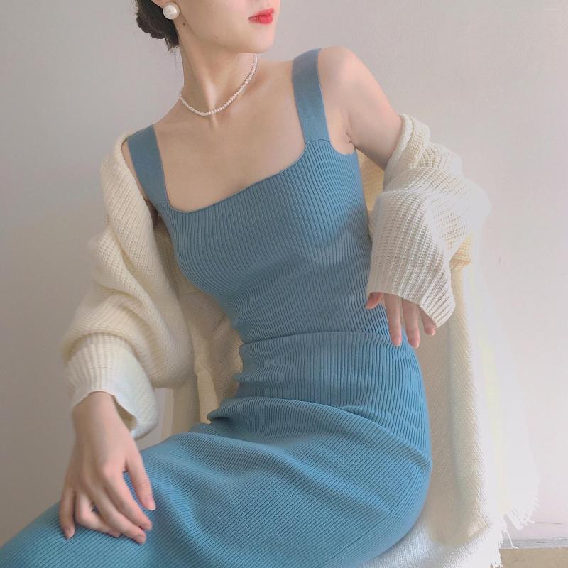 

Casual Dresses Retro Light Luxury Gentle Morandi Color Square Neck Slim Knitted Suspender Dress Long Sexy Robe Longue Vestido Largo, Sky blue