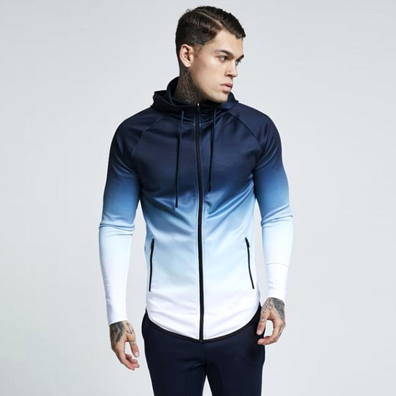

Men's Hoodies Hollow Out Sports Fitness Men Elastic Hood Gradient Print Sweatshirt, Light blue-white