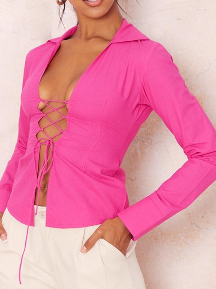 

Women' Blouses Chic Woman Blouse Sexy Pink Shirt Solid Long Sleeve Tees Bandage Large Size And Shirts Hollow Out Female Clothing Slim