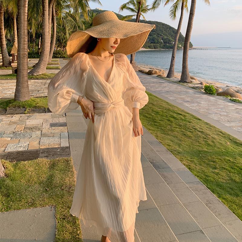

Casual Dresses Sweet Bohemian Style Women Chiffon Dress Elegant V-neck Puff Sleeve Midi Vestidos French Celebrity Party Holiday Summer, As photo