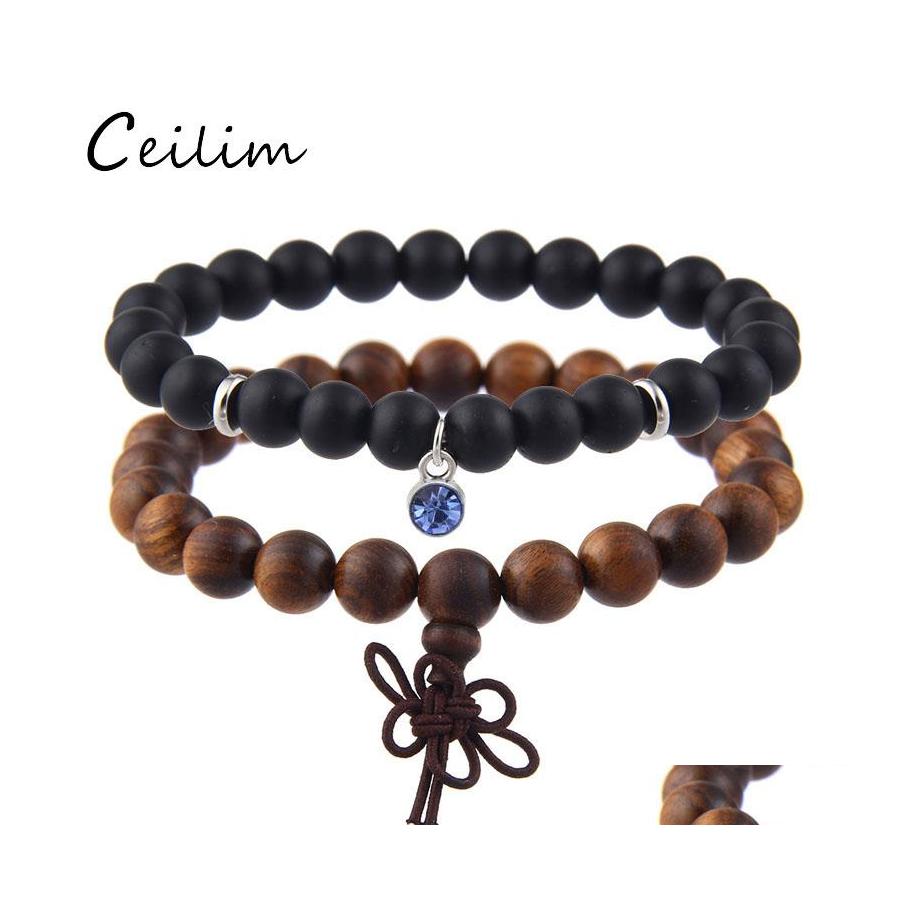 

Link Chain 2Pcs/Set Wooden Beads Bracelet Charm Birthstone 12 Colors Crystal Pendant Stainless Steel 8Mm Black Matte Stone For Wome Otpmu