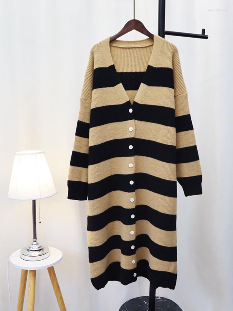 

Women's Knits Striped Knitted Long Sweaters Women V Neck Single Breasted Loose Casual Cardigan Female Clothing Autumn Winter H384, Green