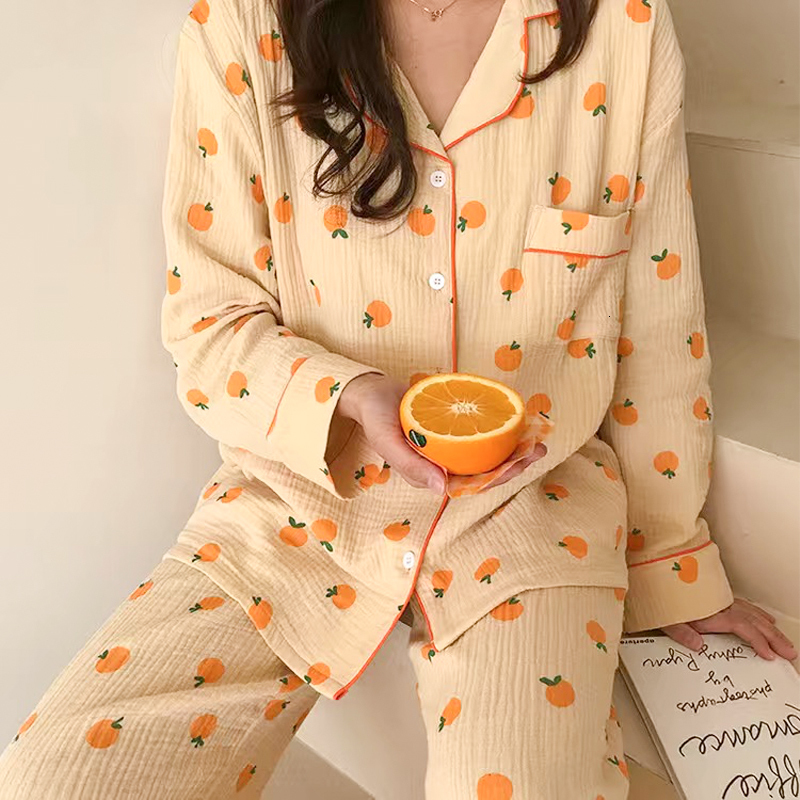 

Women's Sleepwear Cotton Gauze Pajamas for Women Korean Long Orange Print Pijamas Pyjamas Short Sleeve 2 Piece Female Set Drop 230203, Duan