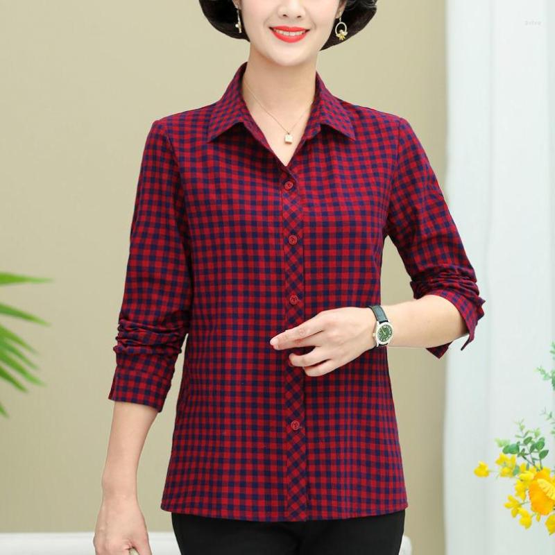 

Women's Blouses Women 2023 Spring Autumn Plaid Cotton Shirts Female Middle-aged And Elderly Ladies Loose Long-sleeved Q227, Red