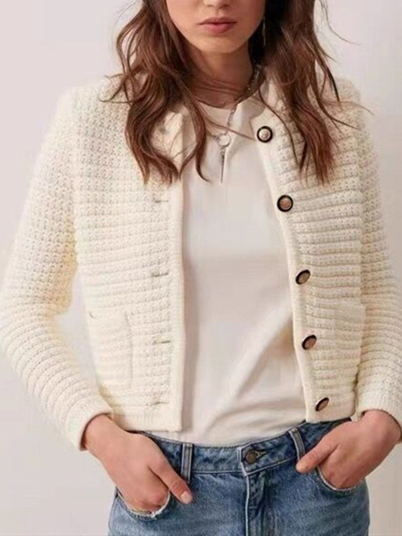 

Women' Knits Tee Knit Sweater Cardigan With Pockets Early Autumn Lady Long Sleeve Elegant Oneck Retro Short Knitwear Top 230203, Begie