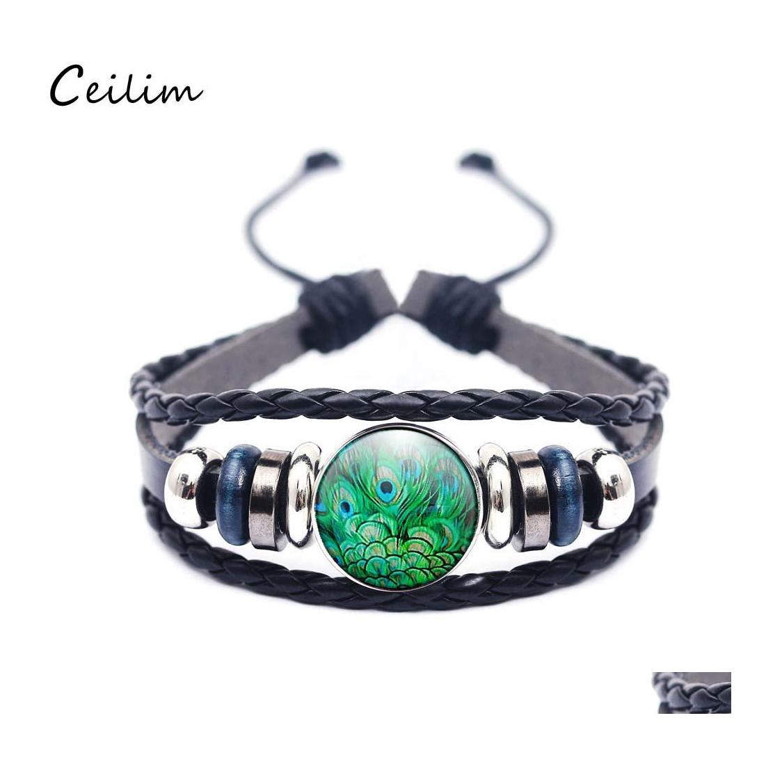 

Link Chain Glass Metal Buckle Charm Handmade Bracelet Peacock Feather Women Fashion Jewelry Black Weave Mtilayer Braided Leather Dr Otxzm