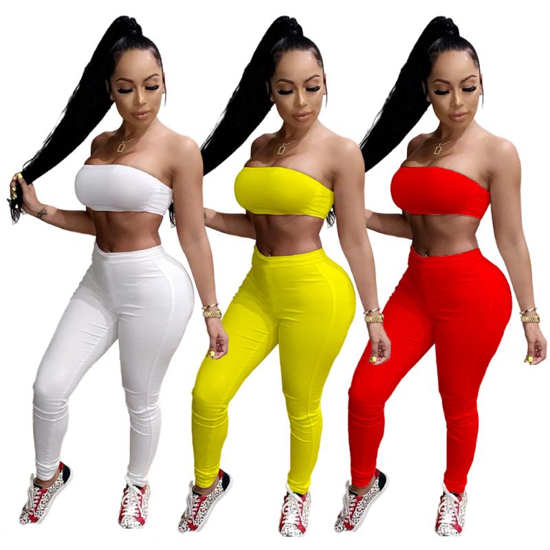 

Women's Two Piece Pants Solid Color Strapless Sexy Crop Top Vest & Sweatpants Sets Women Outfits 2023 Summer Clothes Fashion Casual Suit, Orange