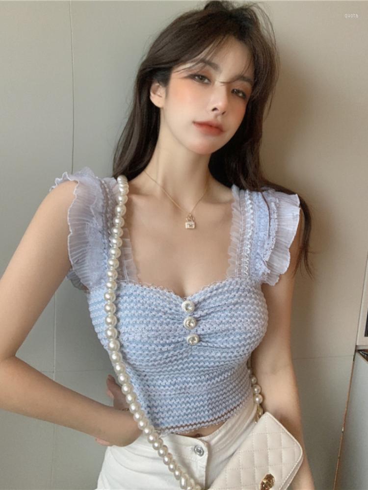 

Women's Tanks Streetwear Sexy Women Ruffle Patch Camis Casual Sleeveless Cropped Top Harajuku Slim Square Collar Knitted Tank Tops 2023, White