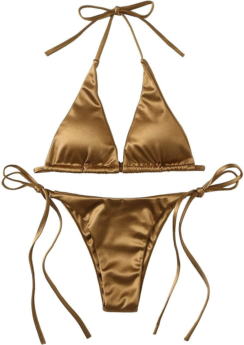 

Women's Swimwear Sexy Metallic Halter Top Two Piece Swimsuit Tie Side Triangle Bikini Summer Solid Bathing Suit Beachwear Set 230203