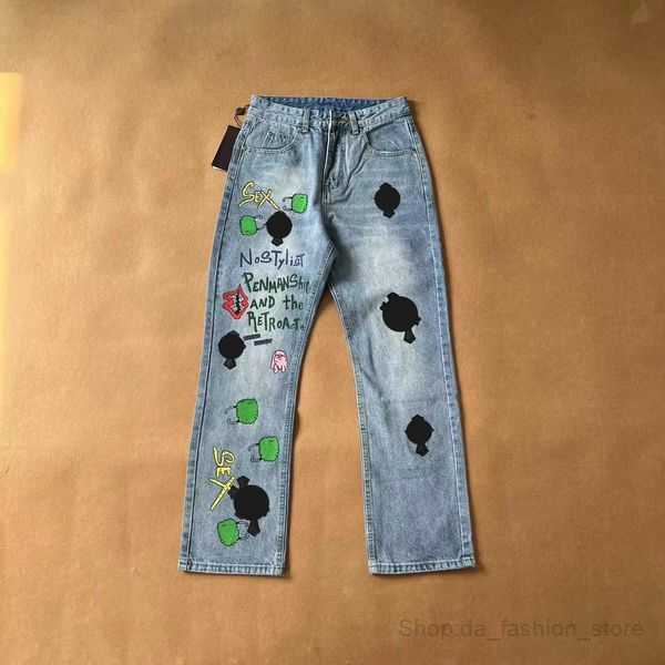 

Designer Mens Jeans Ch Washed Into Old Straight Jean Hearts Splash-ink Loose Cross Printed Casual 93size 28-36, 12