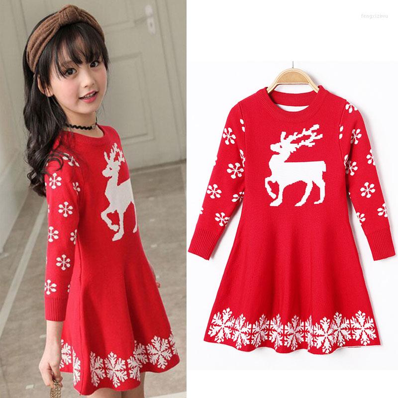 

Girl Dresses 2023 Kids Clothes Girls Christmas Party Dress Knitted Sweater Winter Autumn Full Sleeve Elk Deer Xmas Robe Princesse Fille, Blue