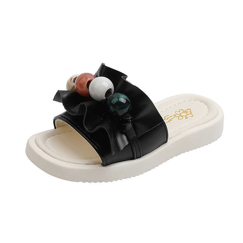 

Slipper Girls Outer Slippers 2022 Summer New Princess Fashion Pearl Sandals Korean Kids Western Beach Shoes Cute Ruffle Hot Chic Casual 0203, Black