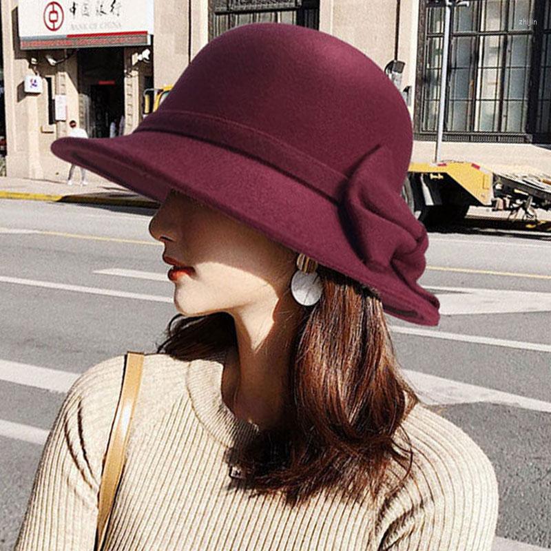 

Berets Women's Felt Bowler Hats Solid Wool Fedoras Women Vintage Bow Flower Dome Caps Wide Brim Autumn Winter Bucket Hat Ladies, 04