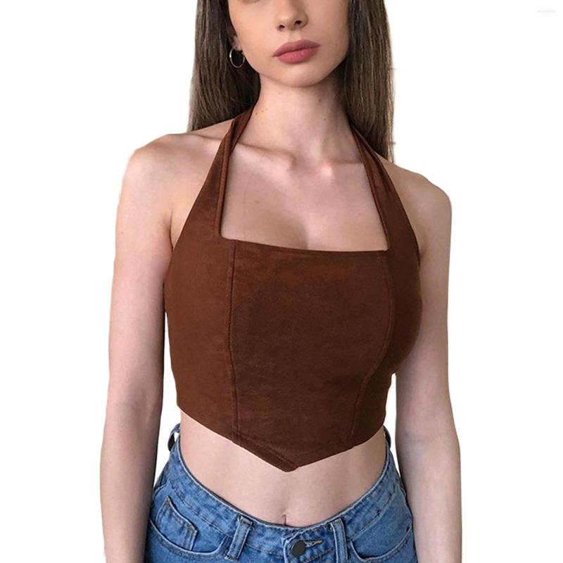

Women' Tanks Y2k Sexy Halter Neck Lace-up Crop Tops Solid Color Sleeveless Zipper Backless Camisole Irregular Hem Vest Clubwear, Auburn