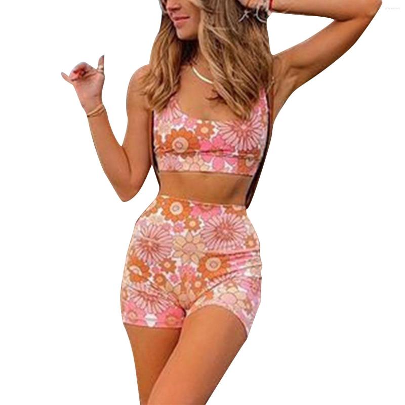 

Active Sets Fashion Sexy Casual Women Close-Fitting Two-piece Clothes Set Pink Floral Printed Pattern Vest And High Waist Shorts  M L