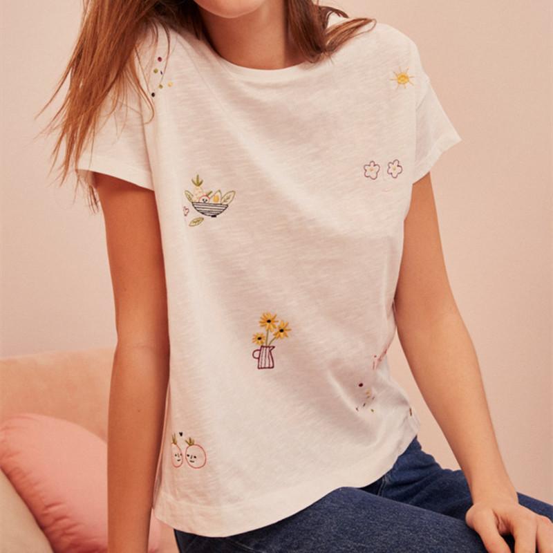 

Women' T Shirts White Embroidery Floral Cotton Sweet O-neck Short Sleeve Female Tshirts Summer 2023Women, T shirt
