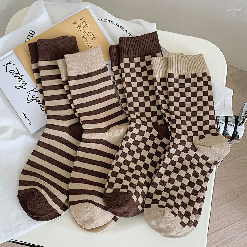

Women Socks Autumn Casual Plaid Coffee Color Retro Crew Korean Fashion Striped Harajuku Vintage Streetwear, Light coffee a