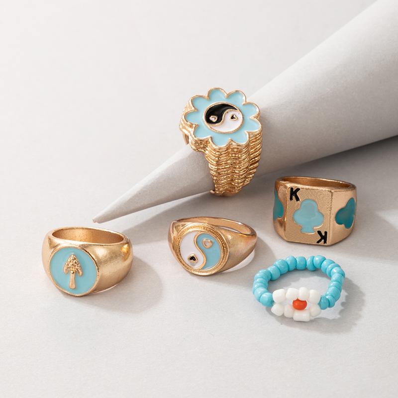 

Cluster Rings 5pcs/sets Fashion Tai Chi Bead Ring Sets For Women Men Pretty Flowers Mushroom Geoemtry Party Jewelry Anillo 19776