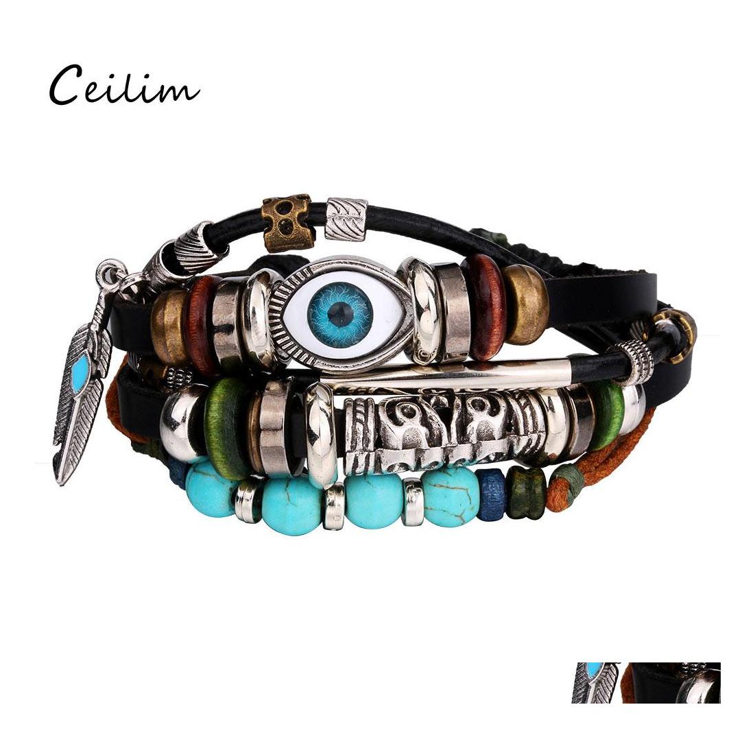 

Link Chain Vintage Mtilayer Leather Rope Bracelet Men Fashion Braided Handmade Lucky Eye Wrap Bracelets Bangles Male Gift Wholesale Otlzs