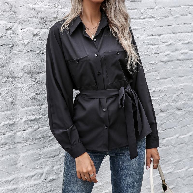 

Women' Blouses Women Shirts Elegant Office Lady Solid Color Long Sleeve Shirt With Belted Fashion Pocket Casual Tops Female Work Blouse, Black