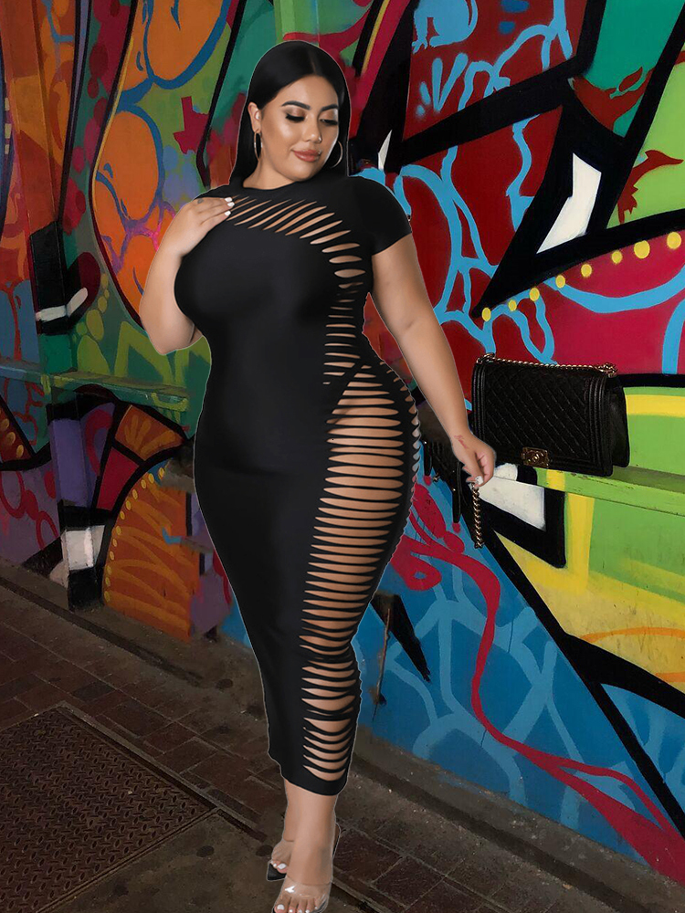 

Plus size Dresses Plus Size Dresses Women Clothing Short Sleeve Summer Black Tight Dress Hollow Sexy Parti Dress Wholesale Bulk Drop 230203