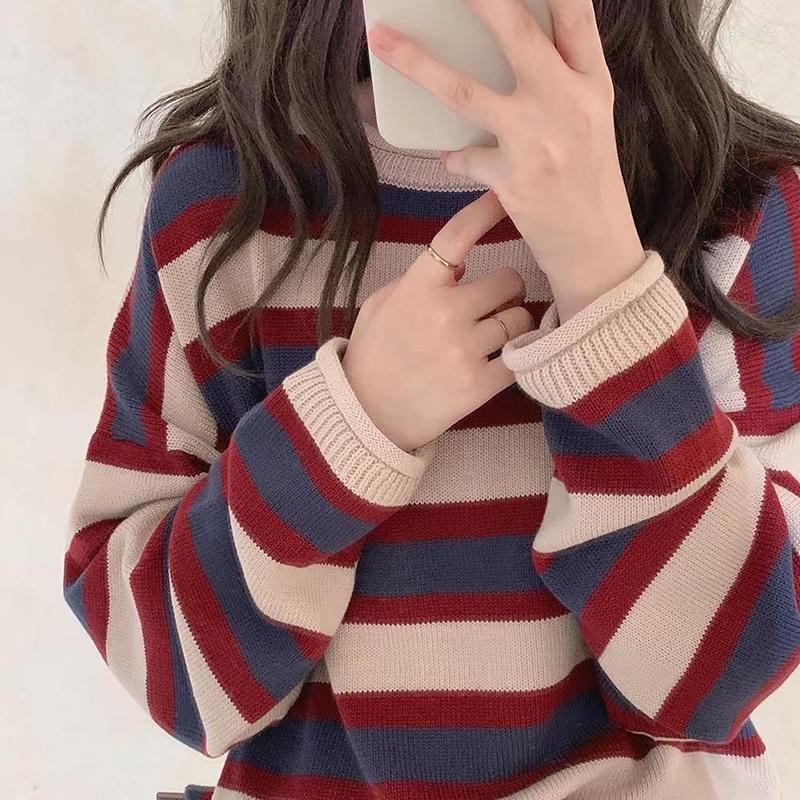 

Women's Knits Vangull Vintage Blue White Stripe Knitted Women Sweater Spring Long Sleeve Loose Female Pullovers O-Neck Short Lady