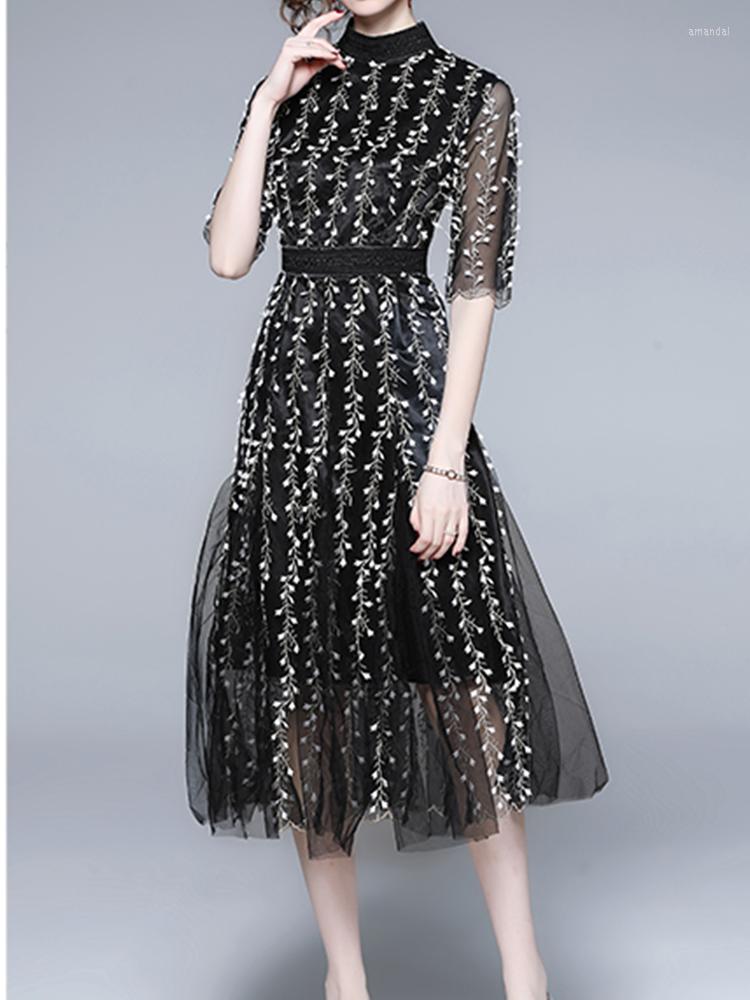 

Casual Dresses Temperament Print Stand Collar Heavy Embroidery Mesh Stitching Slim Dress 2023 Korean Fashion Women' Clothing, Black